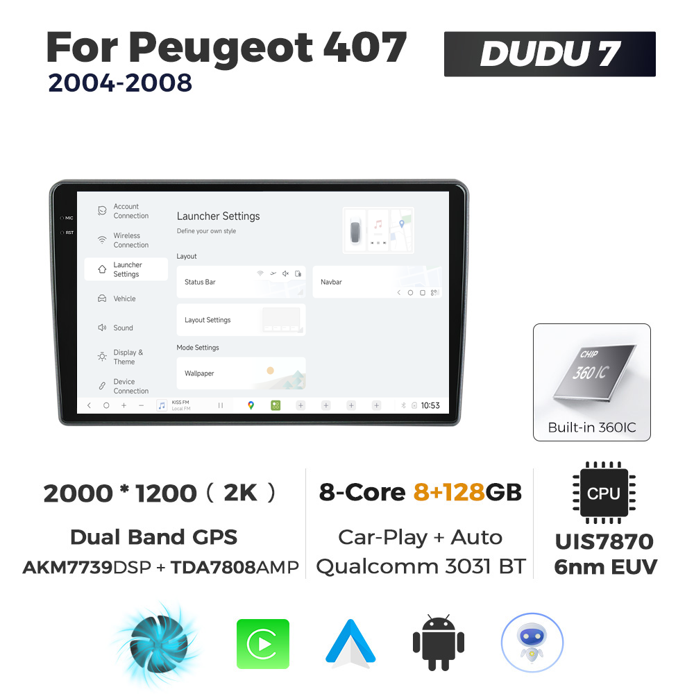 Navigatie Dedicata Peugeot 408 2001-2008 DUDU7 9" 8GB RAM, 128GB ROM, Octacore, Ecran 2K, CarPlay&AndroidAuto, Android - imagine 2