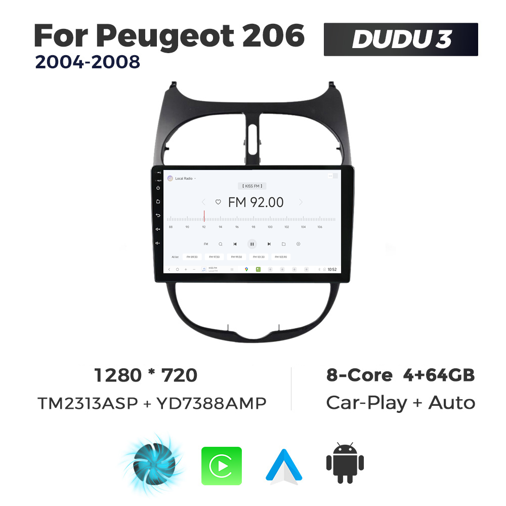 Navigatie Dedicata Peugeot 206 2004-2008 DUDU3 9" 4GB RAM, 64GB ROM, Octacore, Ecran HD, CarPlay&AndroidAuto, Android - imagine 3