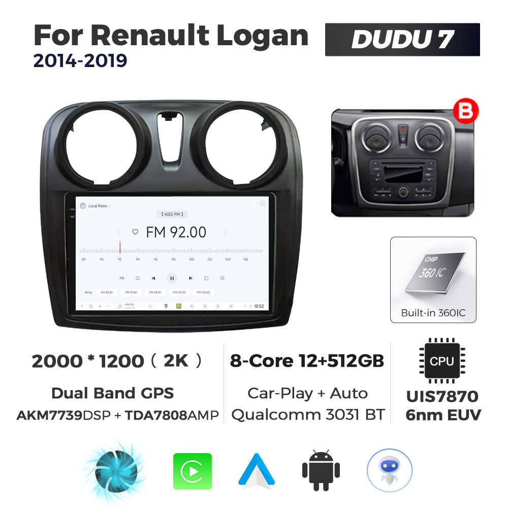 Navigatie Dedicata Renault Logan 2014-2019 Fante Rotunde DUDU7 9" 12GB RAM, 512GB ROM, Octacore, Ecran 2K, CarPlay&AndroidAuto, Android - imagine 3