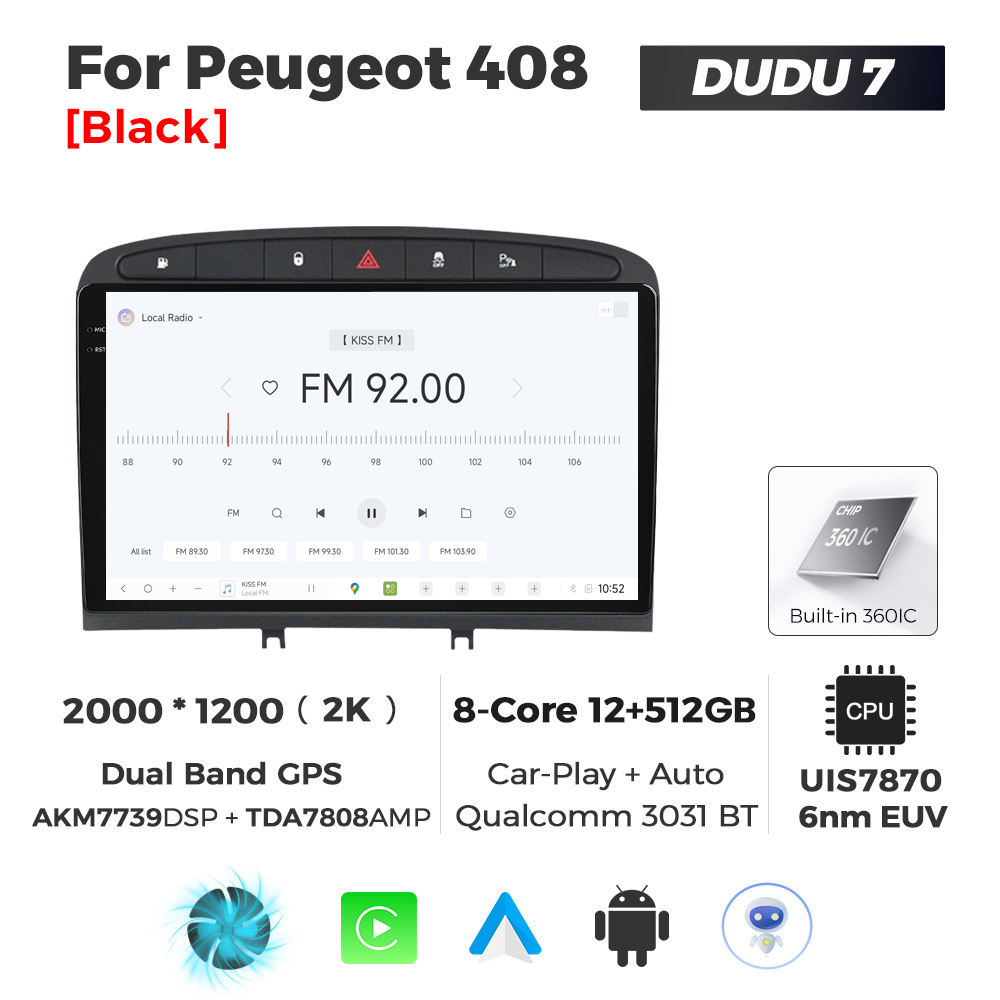 Navigatie Dedicata Peugeot 408 2001-2008 DUDU7 9" 12GB RAM, 512GB ROM, Octacore, Ecran 2K, CarPlay&AndroidAuto, Android - imagine 3