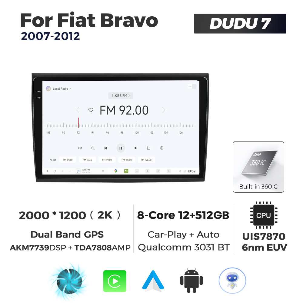 Navigatie Dedicata Fiat Bravo 2007-2012 DUDU7 9" 12GB RAM, 512GB ROM, Octacore, Ecran 2K, CarPlay&AndroidAuto, Android - imagine 3