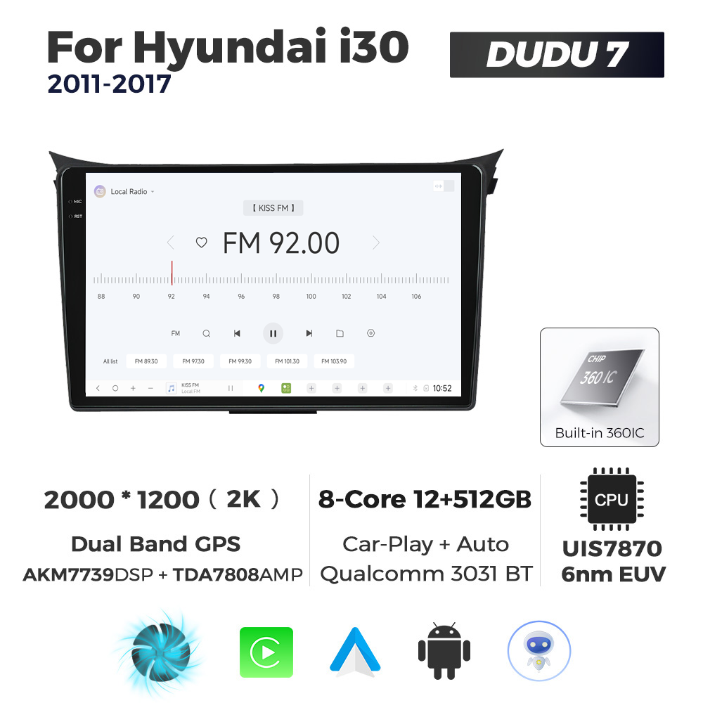 Navigatie Dedicata Hyundai I30 2011-2017 DUDU7 9" 12GB RAM, 512GB ROM, Octacore, Ecran 2K, CarPlay&AndroidAuto, Android - imagine 3
