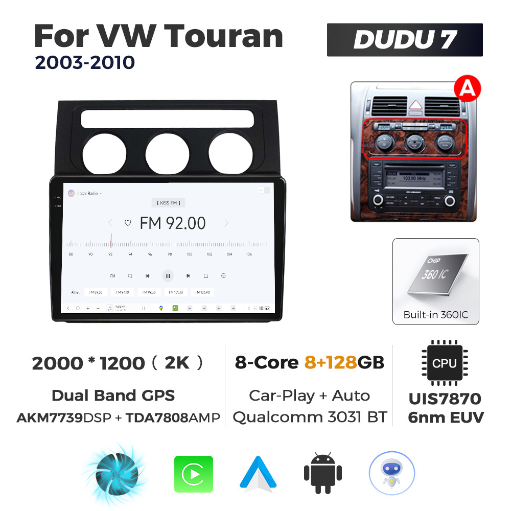 Navigatie Dedicata Volkswagen Touran 2003-2010 Negru DUDU7 10" 8GB RAM, 128GB ROM, Octacore, Ecran 2K, CarPlay&AndroidAuto, Android - imagine 3