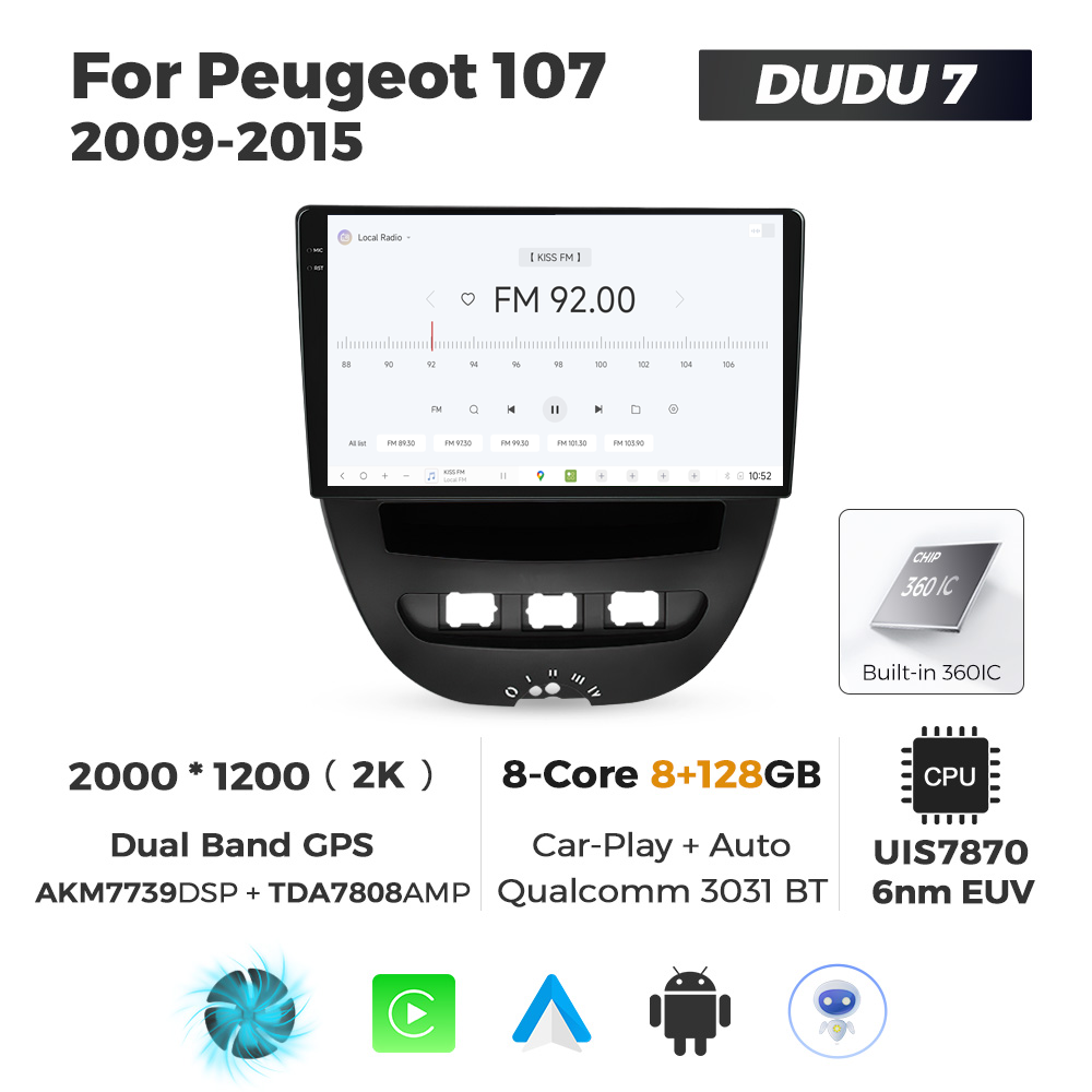 Navigatie Dedicata Peugeot 107 2009-2015 DUDU7 9" 8GB RAM, 128GB ROM, Octacore, Ecran 2K, CarPlay&AndroidAuto, Android - imagine 3