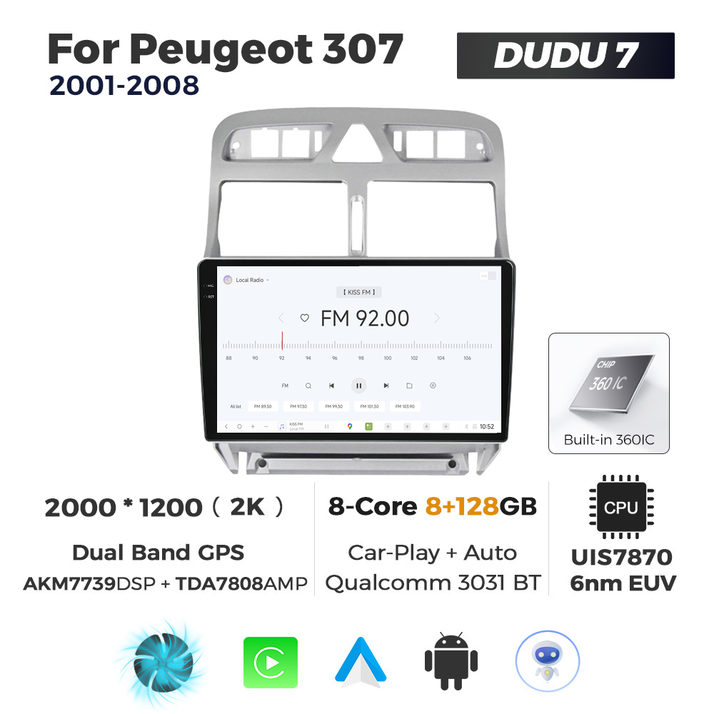 Navigatie Dedicata Peugeot 307 2001-2008 DUDU7 9" 8GB RAM, 128GB ROM, Octacore, Ecran 2K, CarPlay&AndroidAuto, Android - imagine 3