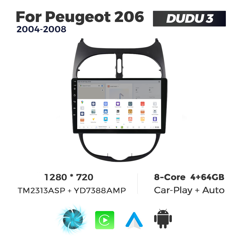 Navigatie Dedicata Peugeot 206 2004-2008 DUDU3 9" 4GB RAM, 64GB ROM, Octacore, Ecran HD, CarPlay&AndroidAuto, Android - imagine 4