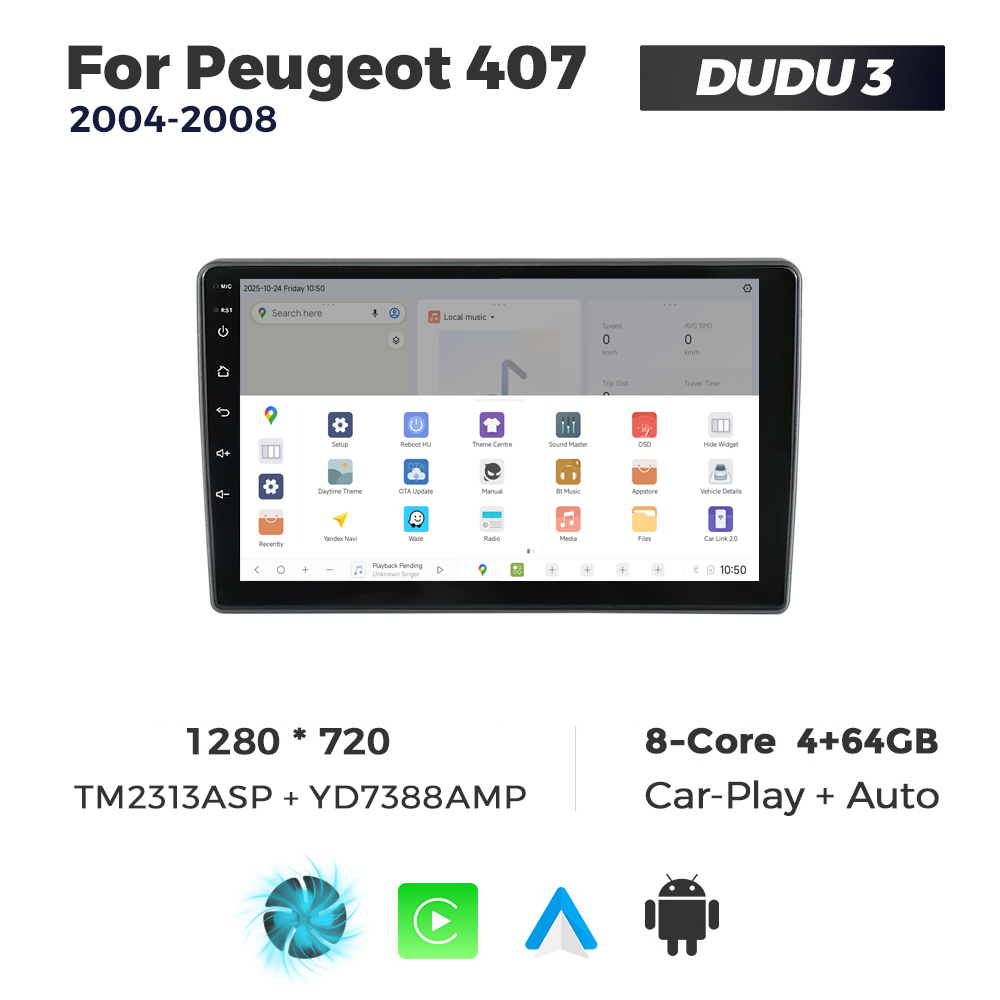 Navigatie Dedicata Peugeot 407 2004-2008 DUDU3 9" 4GB RAM, 64GB ROM, Octacore, Ecran HD, CarPlay&AndroidAuto, Android - imagine 4