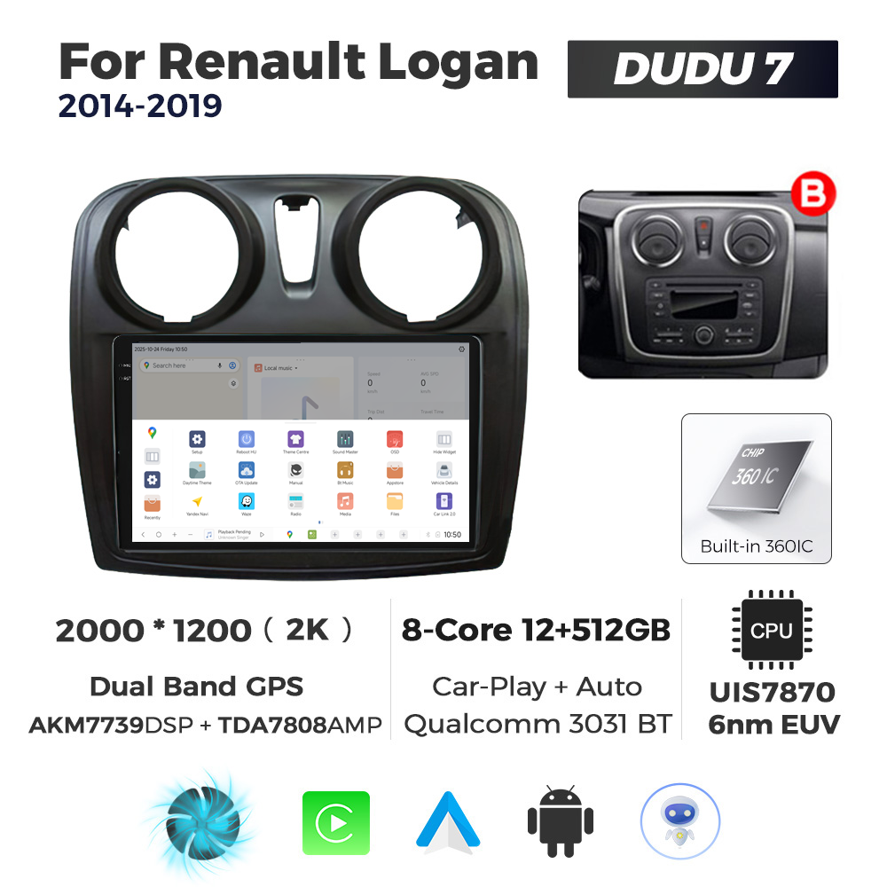 Navigatie Dedicata Renault Logan 2014-2019 Fante Rotunde DUDU7 9" 12GB RAM, 512GB ROM, Octacore, Ecran 2K, CarPlay&AndroidAuto, Android - imagine 4