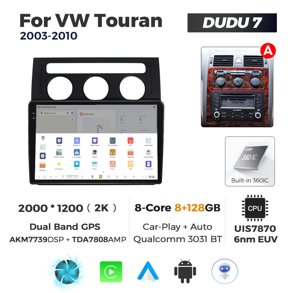 Navigatie Dedicata Volkswagen Touran 2003-2010 Negru DUDU7 10" 8GB RAM, 128GB ROM, Octacore, Ecran 2K, CarPlay&AndroidAuto, Android - imagine 4