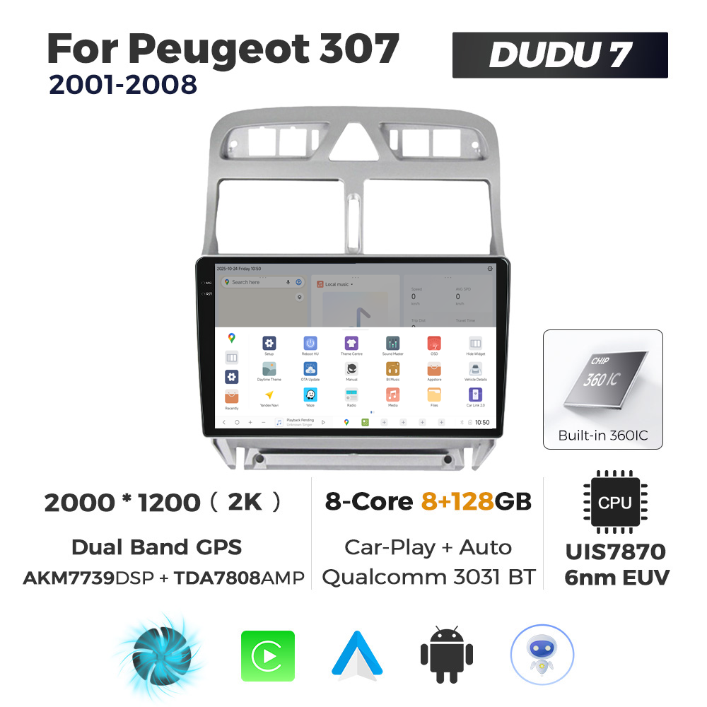 Navigatie Dedicata Peugeot 307 2001-2008 DUDU7 9" 8GB RAM, 128GB ROM, Octacore, Ecran 2K, CarPlay&AndroidAuto, Android - imagine 4