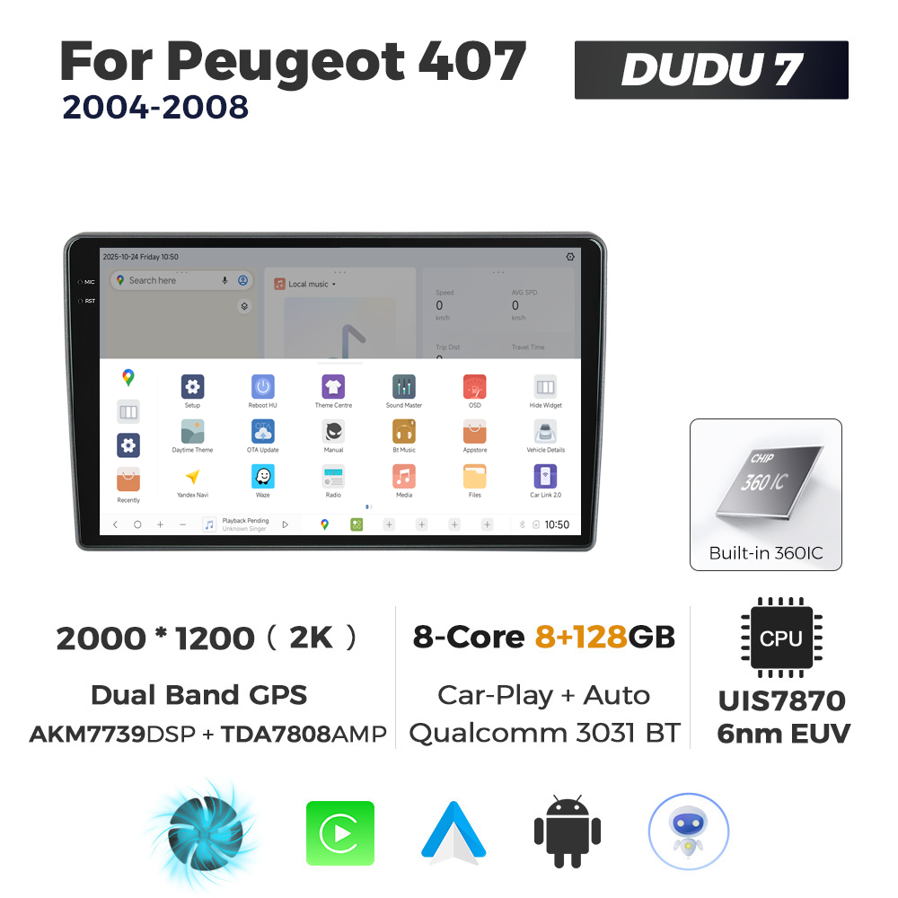 Navigatie Dedicata Peugeot 408 2001-2008 DUDU7 9" 8GB RAM, 128GB ROM, Octacore, Ecran 2K, CarPlay&AndroidAuto, Android - imagine 4