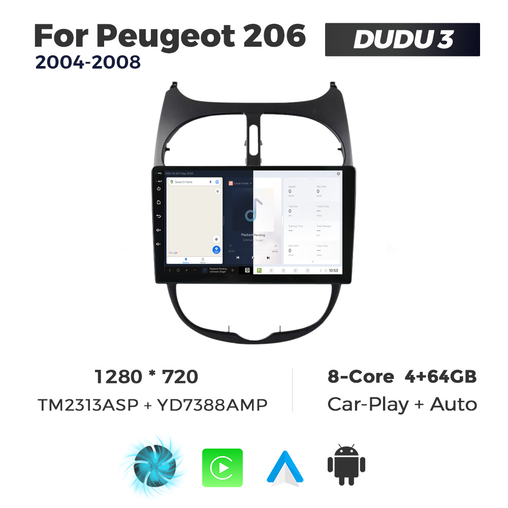 Navigatie Dedicata Peugeot 206 2004-2008 DUDU3 9" 4GB RAM, 64GB ROM, Octacore, Ecran HD, CarPlay&AndroidAuto, Android - imagine 5