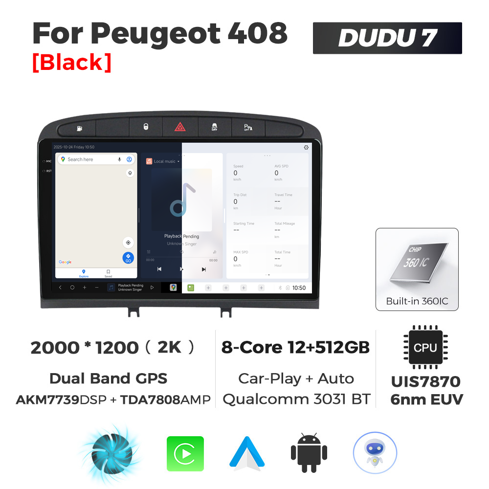 Navigatie Dedicata Peugeot 408 2001-2008 DUDU7 9" 12GB RAM, 512GB ROM, Octacore, Ecran 2K, CarPlay&AndroidAuto, Android - imagine 5