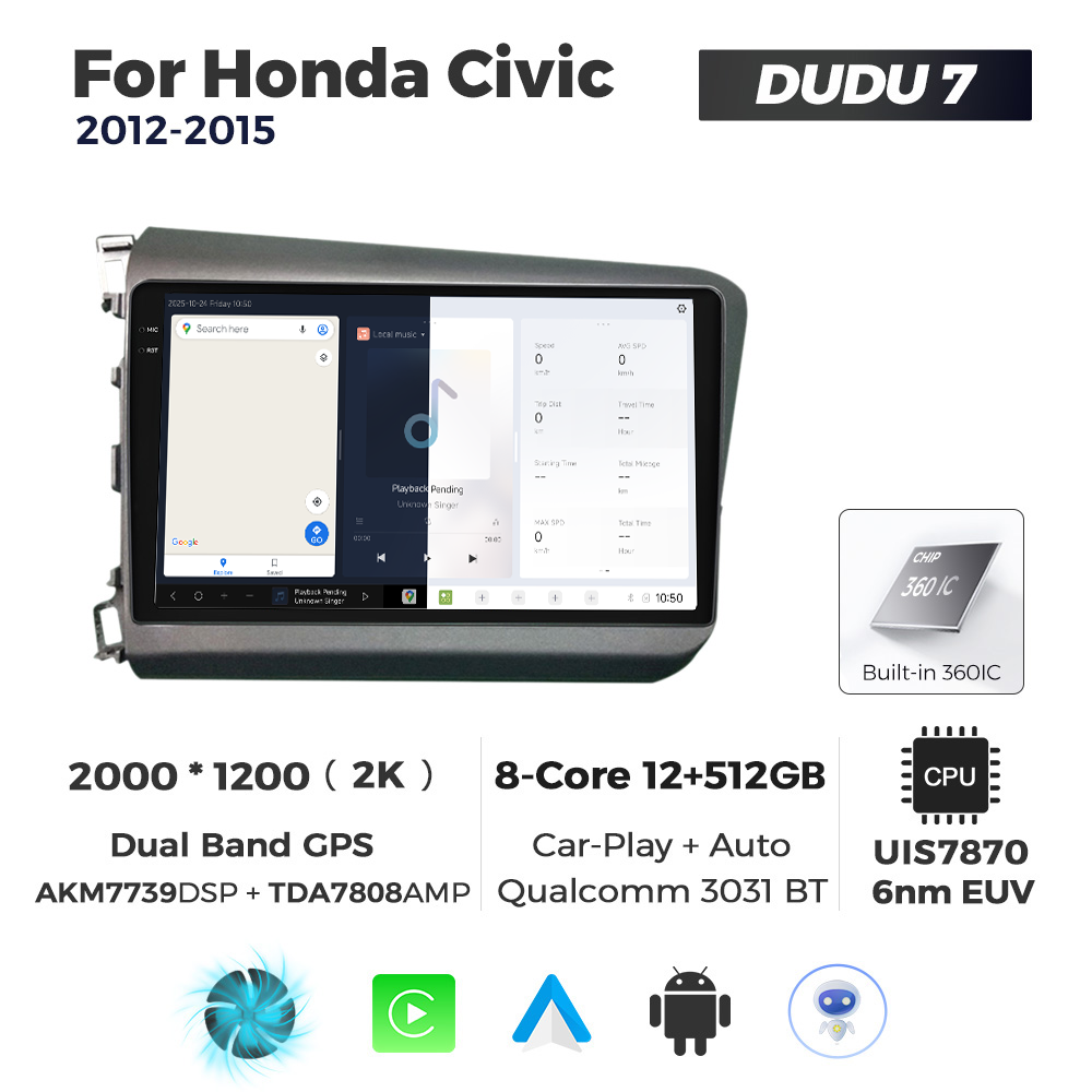 Navigatie Dedicata Honda Civic 2012-2015 DUDU7 9" 12GB RAM, 512GB ROM, Octacore, Ecran 2K, CarPlay&AndroidAuto, Android - imagine 5