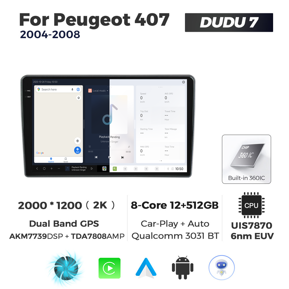 Navigatie Dedicata Peugeot 407 2004-2008 DUDU7 9" 12GB RAM, 512GB ROM, Octacore, Ecran 2K, CarPlay&AndroidAuto, Android - imagine 5
